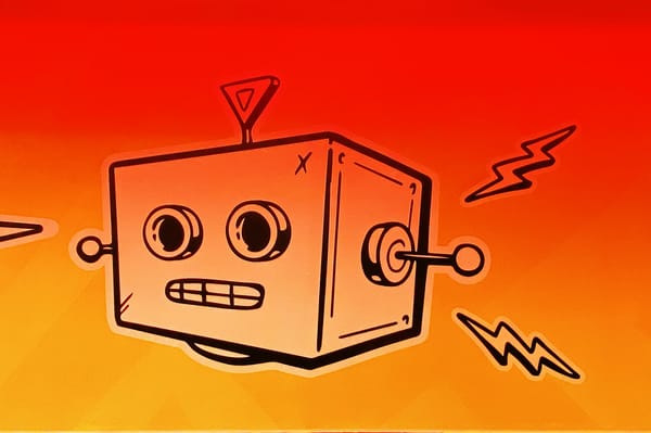 Image of a head of a robot that seems to be on the fritz - orange background with line art